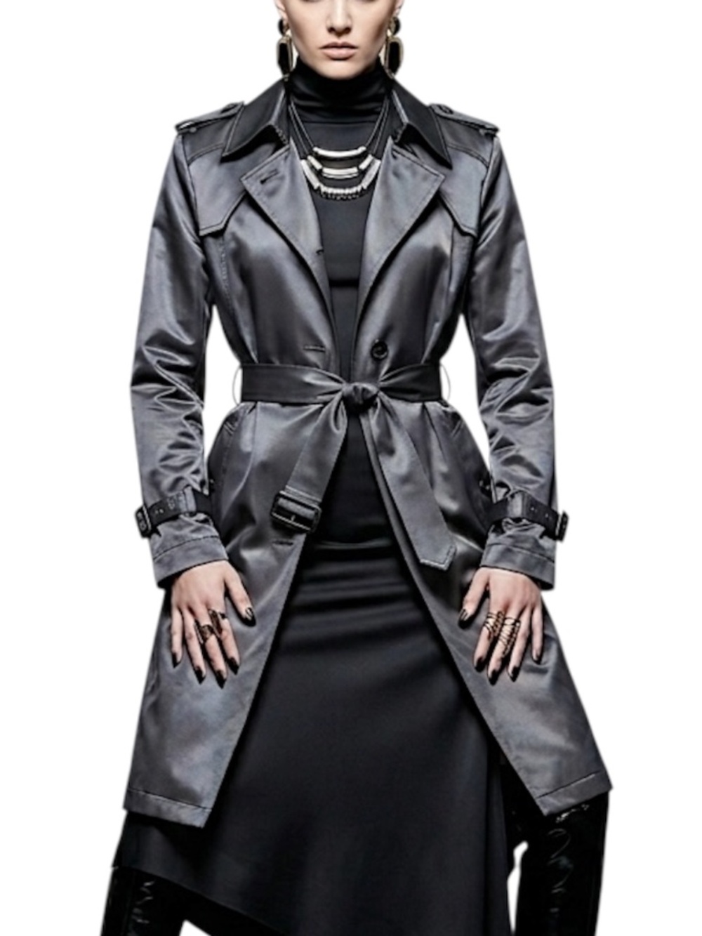 ZioSongZio Korean designer black mid length quiet luxury belted trench coat